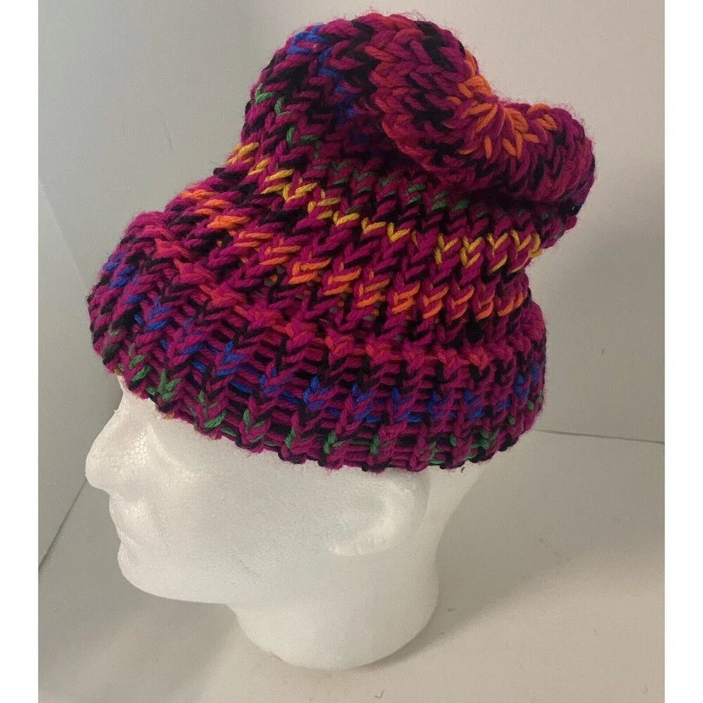Colorful Hand Knit Ski Cap Pink Purple Grene Yellow  One Size